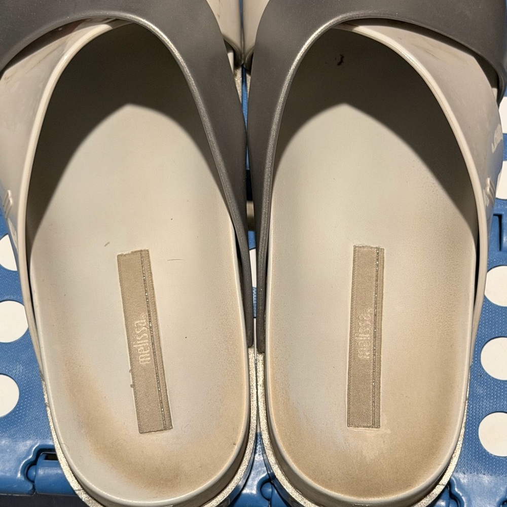 Gray and White Melissa Slide Sandals